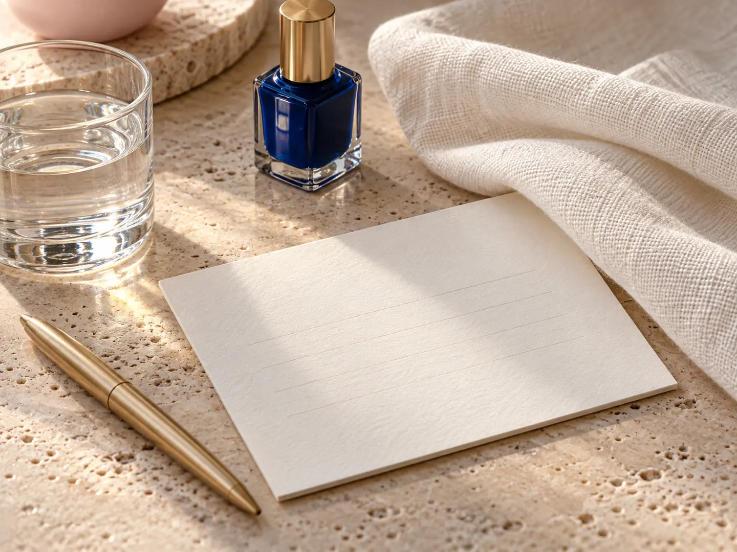 A blank cotton-paper card and a brass pen on travertine beside a glass of water.