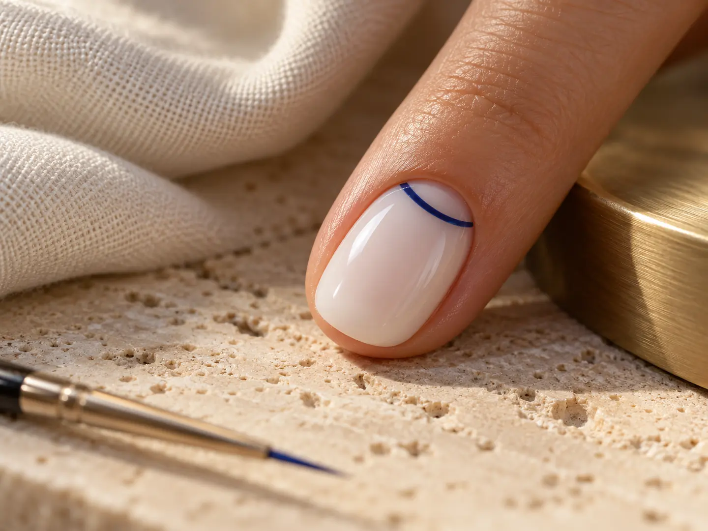 A milk-white almond nail with one fine ultramarine line drawn around its half-moon, a detail brush below.