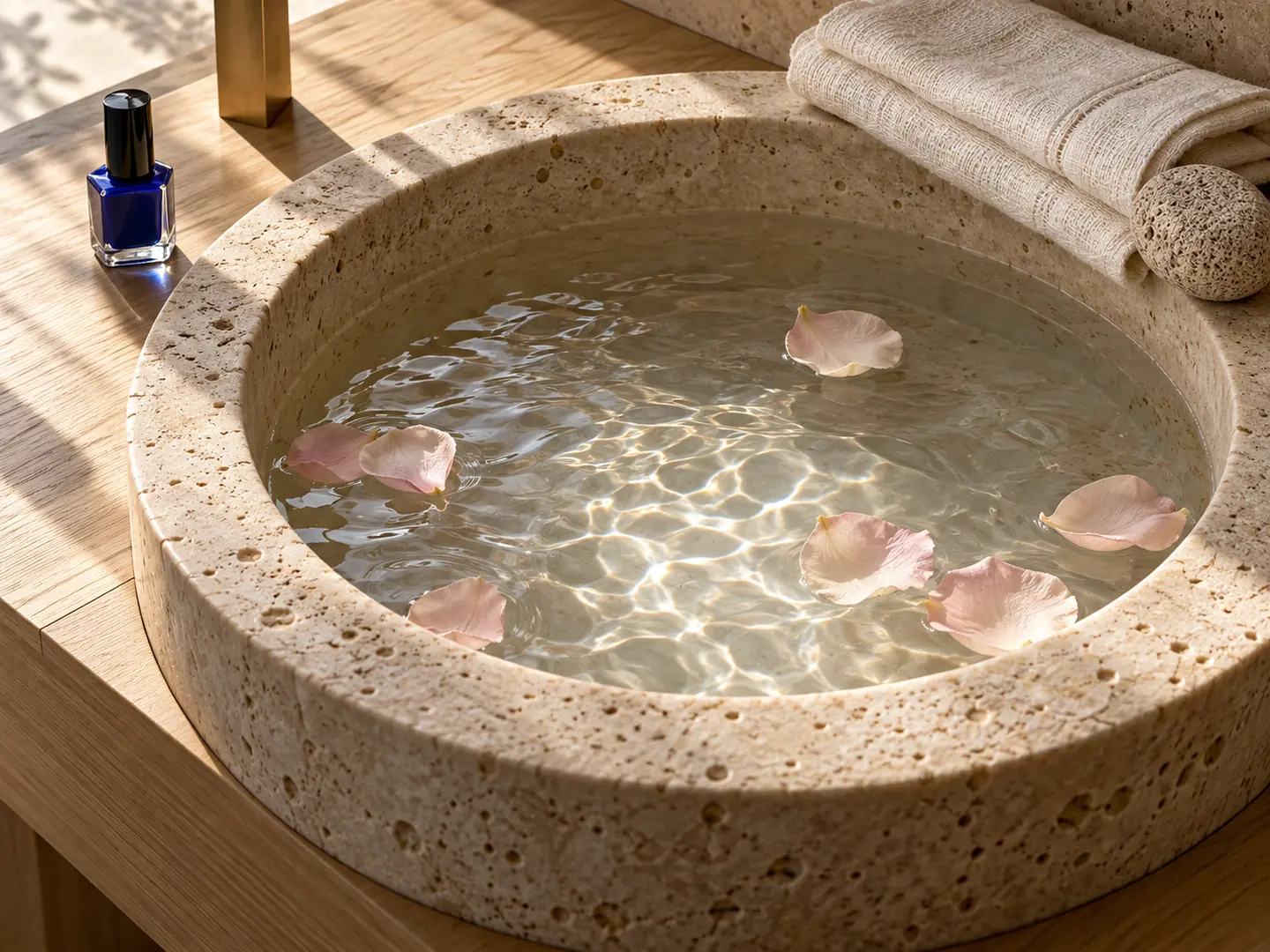 A round travertine pedicure basin of clear water with a few petals, a folded towel and a pumice stone on the rim.